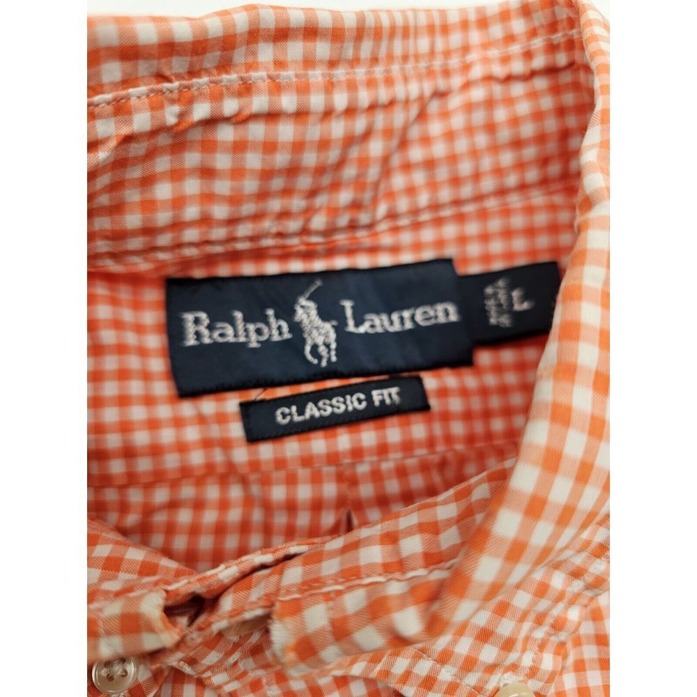 Polo‎ Ralph Lauren Classic Fit Shirt Mens Large Orange Gingam Check Green Pony - Picture 4 of 7